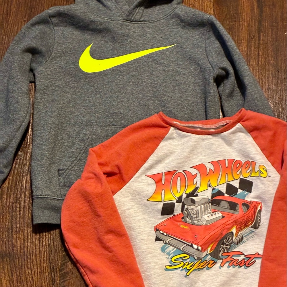 Youth Size 7 Nike Gray Hoodie and Hot Wheels Red Raglan Sweatshirt